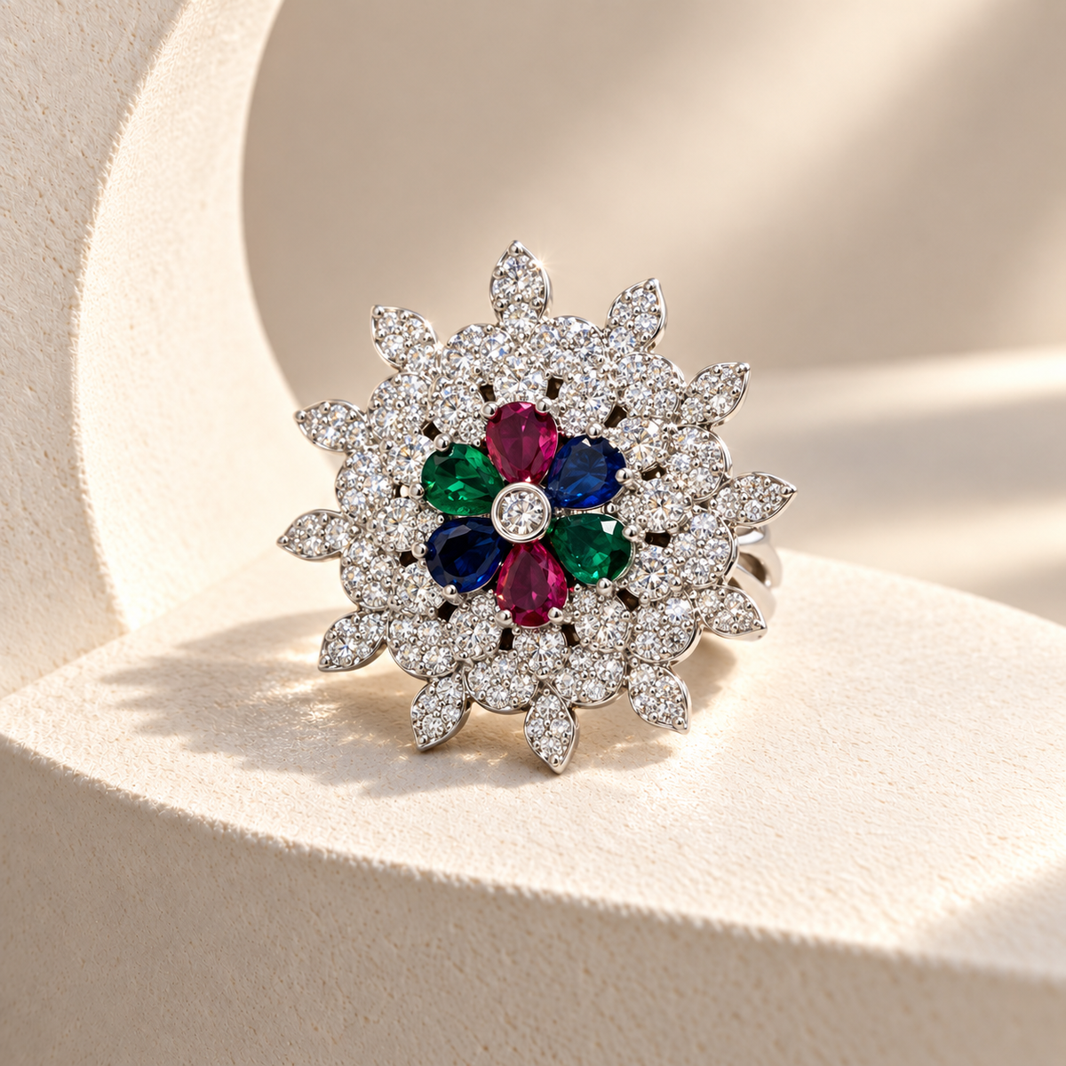 Layered Flower AD Stone Ring