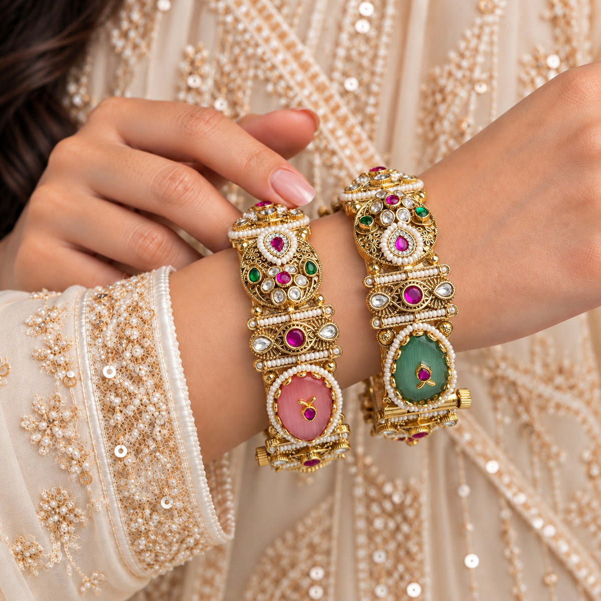 Rajwada Dual Color Oval Stone Openable Kada