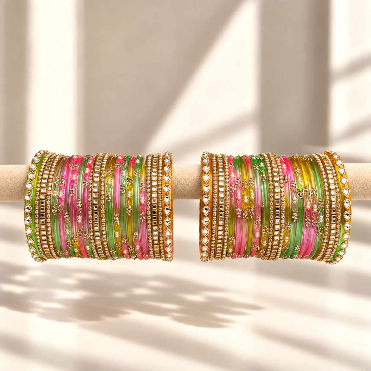 Kundan Square Drop Glass Bangle Set