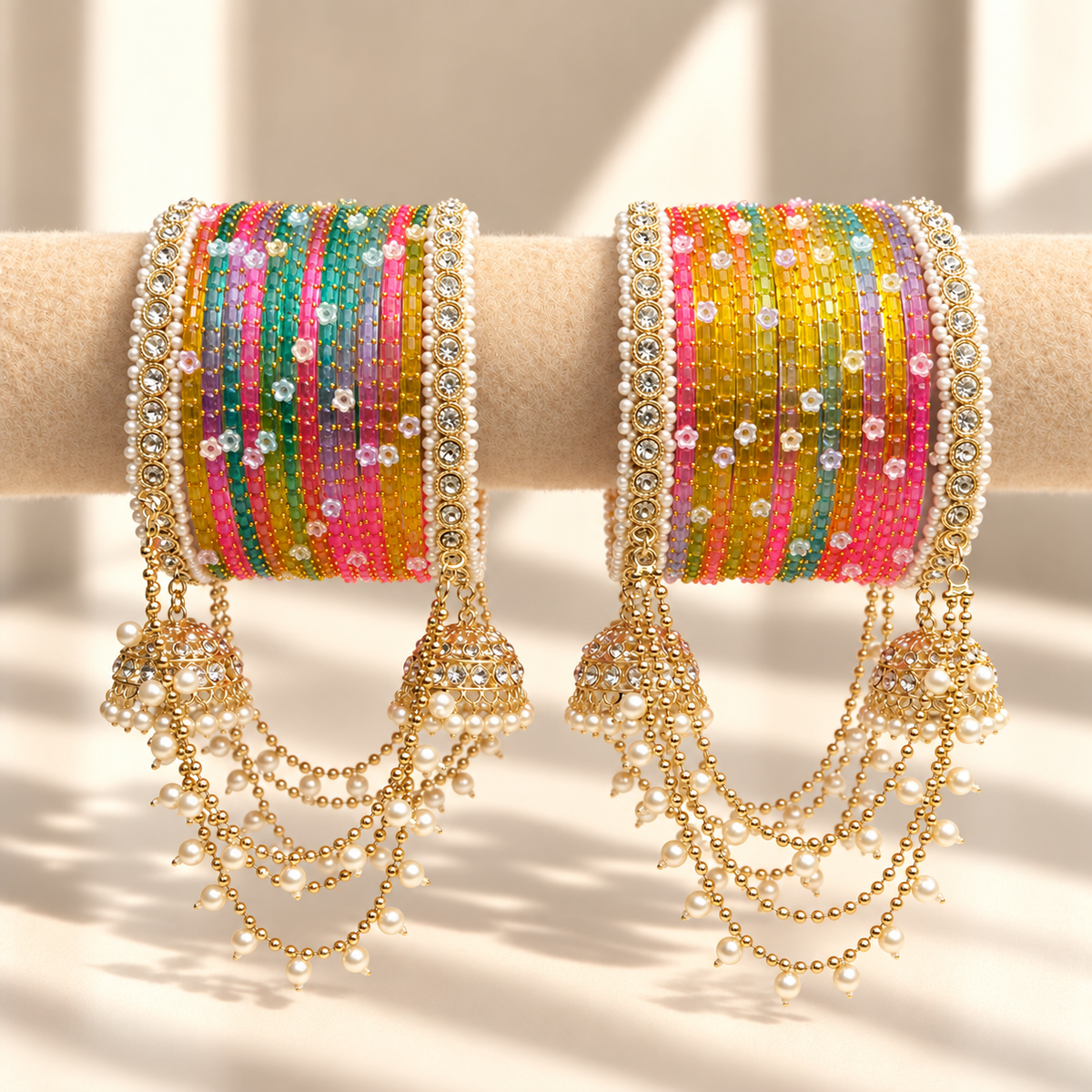 Pearl Jhula Chain Glass Bangle Set