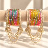Pearl Jhula Chain Glass Bangle Set