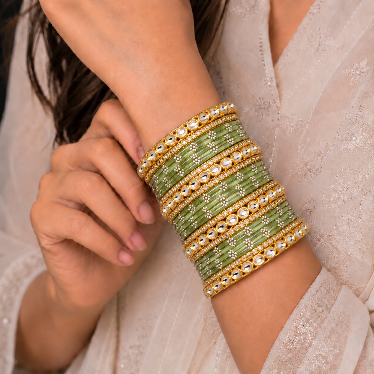 Floral Kundan Stone Bangle Set
