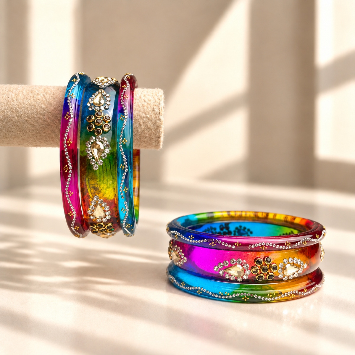 Drop Stone Short Glass Kada Bangle Set