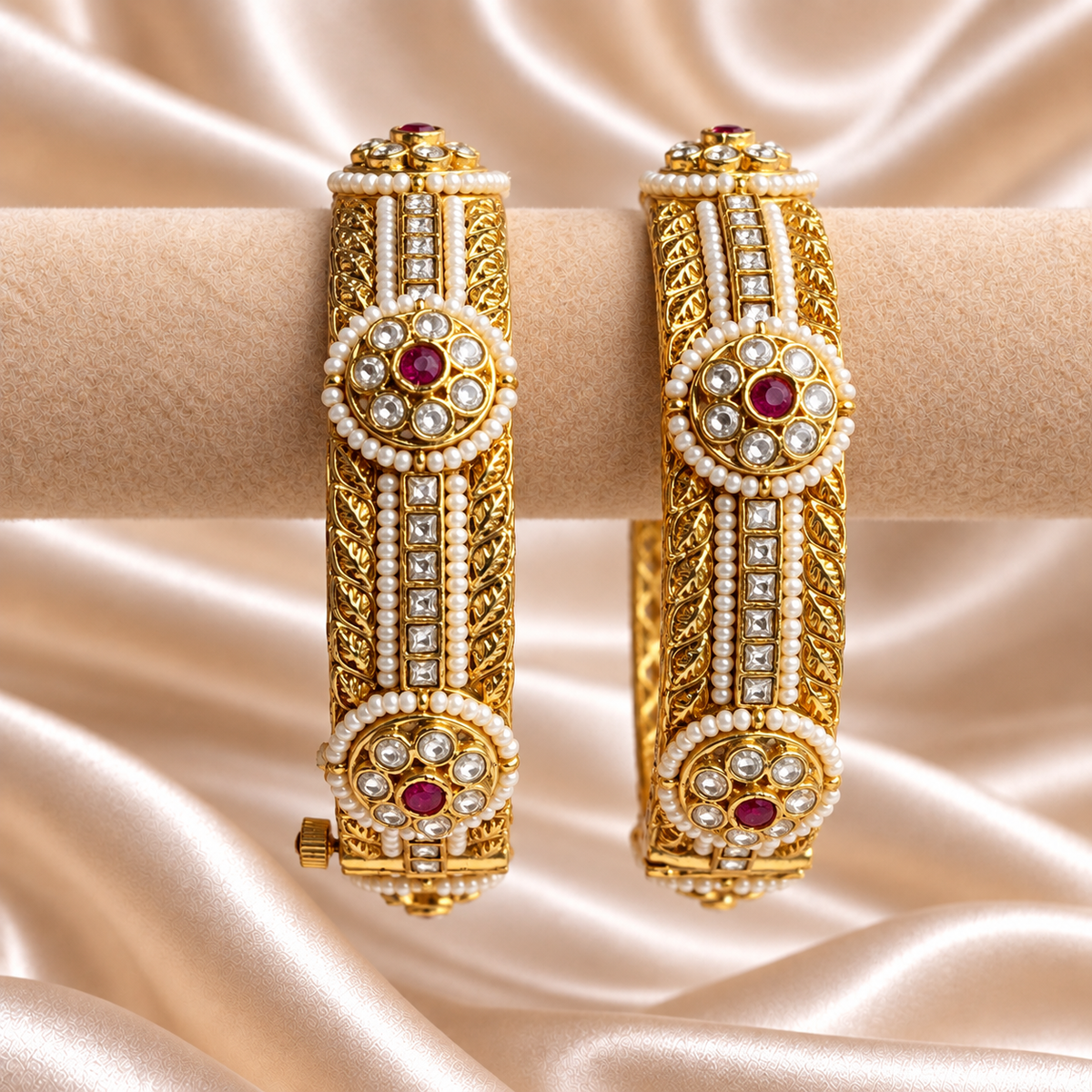 Rajwada Pearl Ruby Square Stone Openable Kada