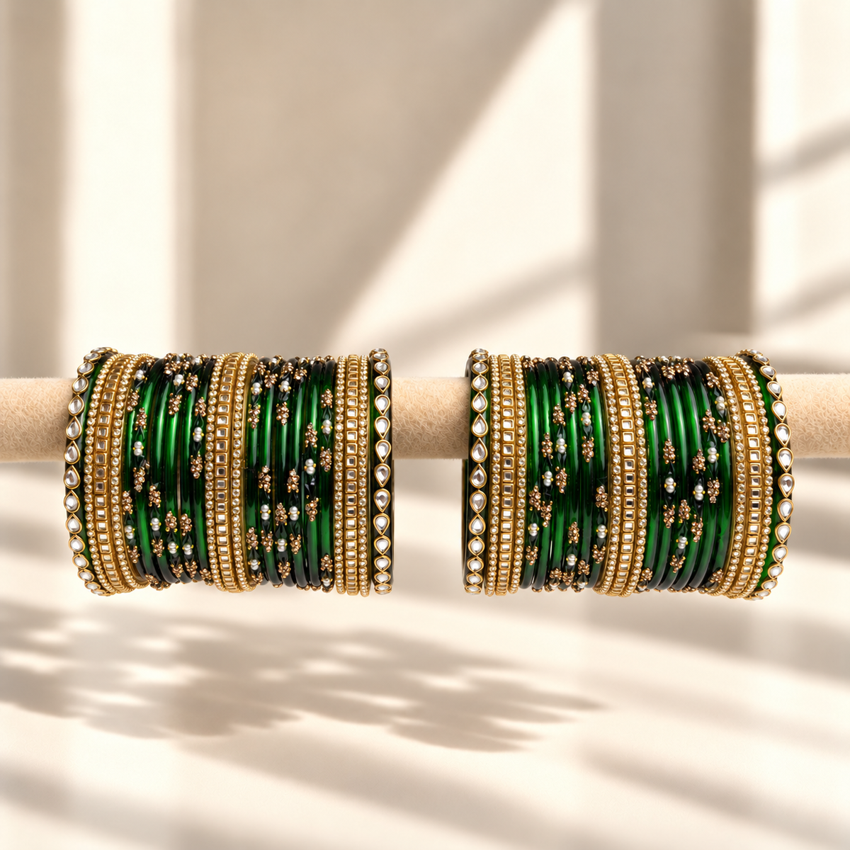 Kundan Square Drop Glass Bangle Set