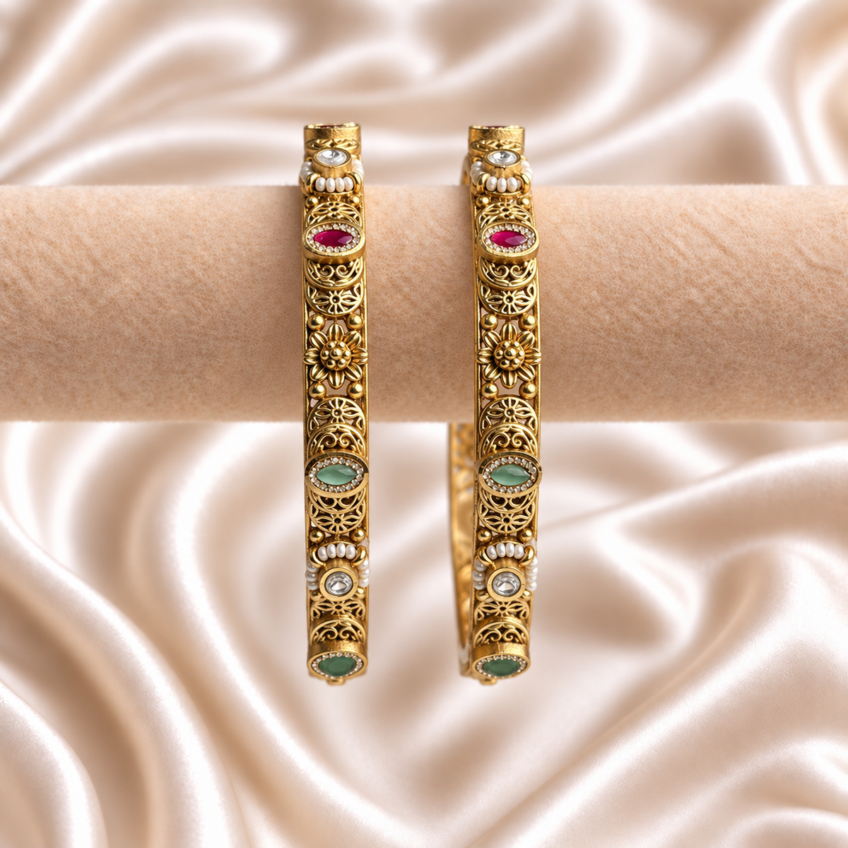 Rajwada Oval Stone Pearl Detailing Floral Kada