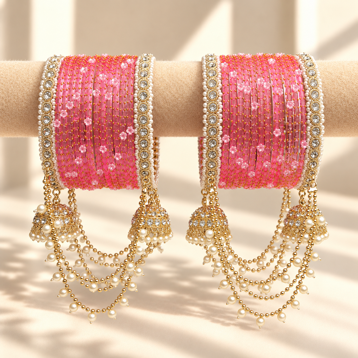 Pearl Jhula Chain Glass Bangle Set