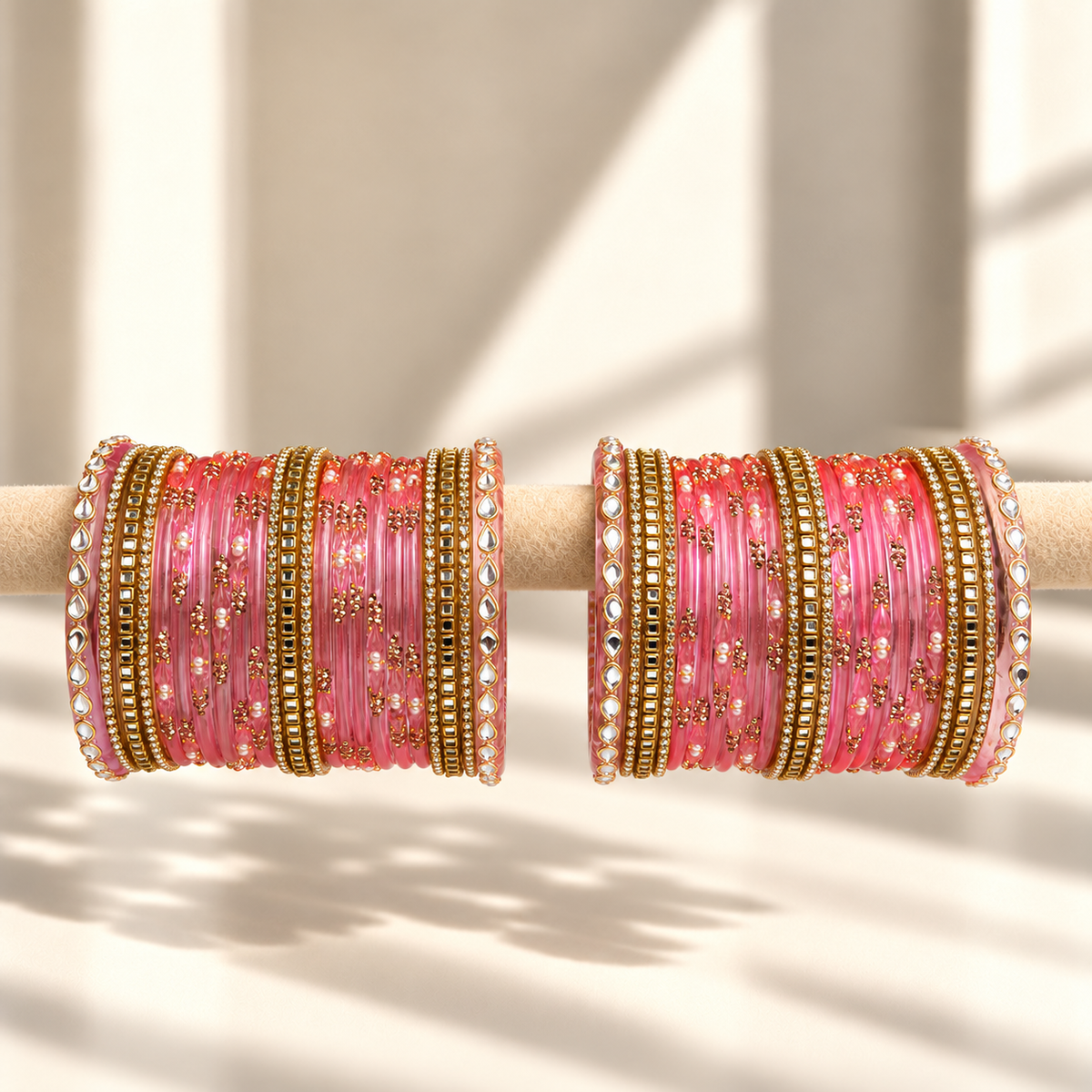 Kundan Square Drop Glass Bangle Set