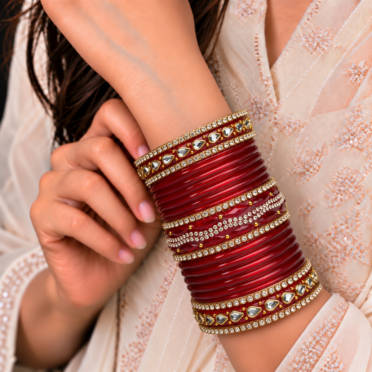 Drop Kundan Stone Glass Bangle Set