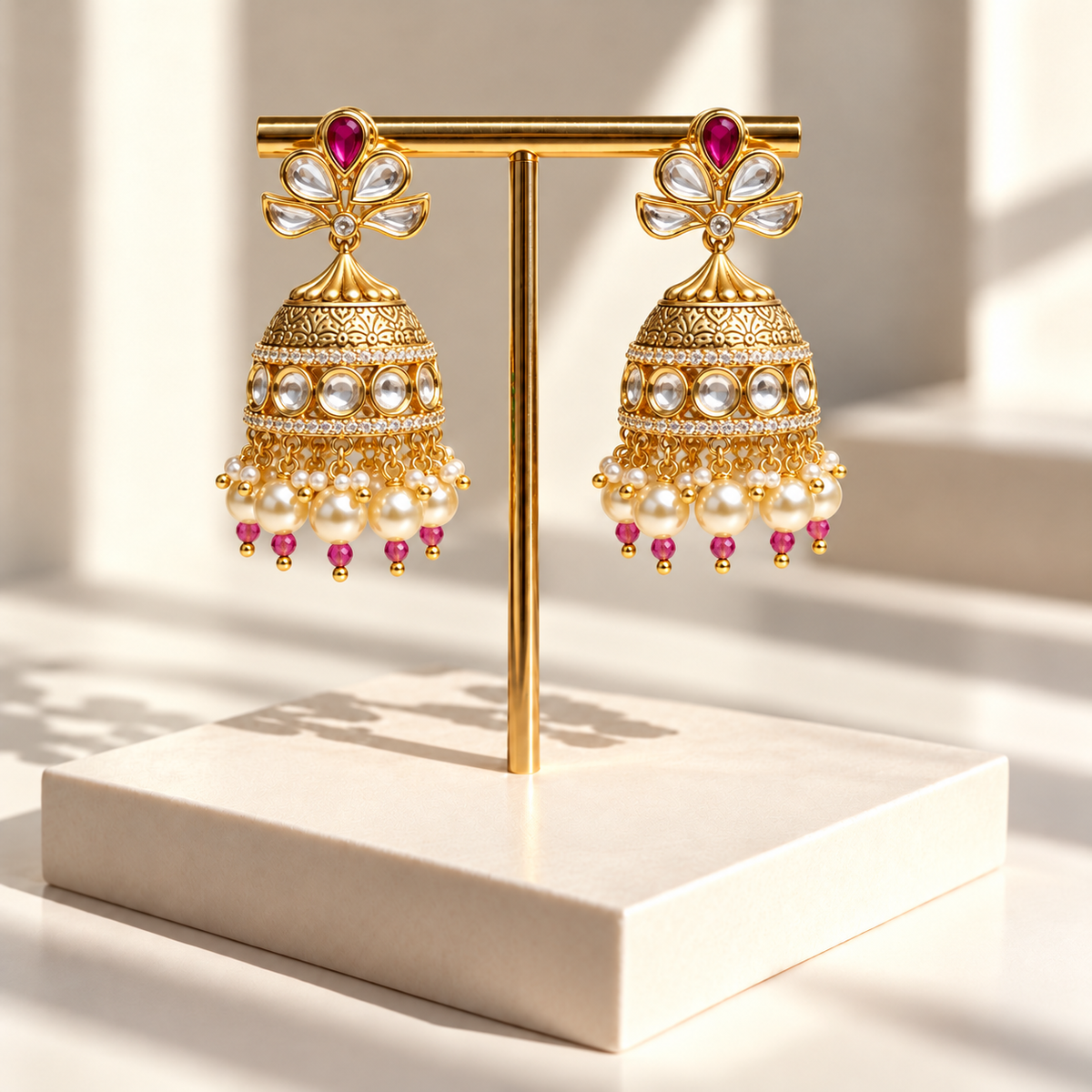 Floral Stone Pearl Jhumkas