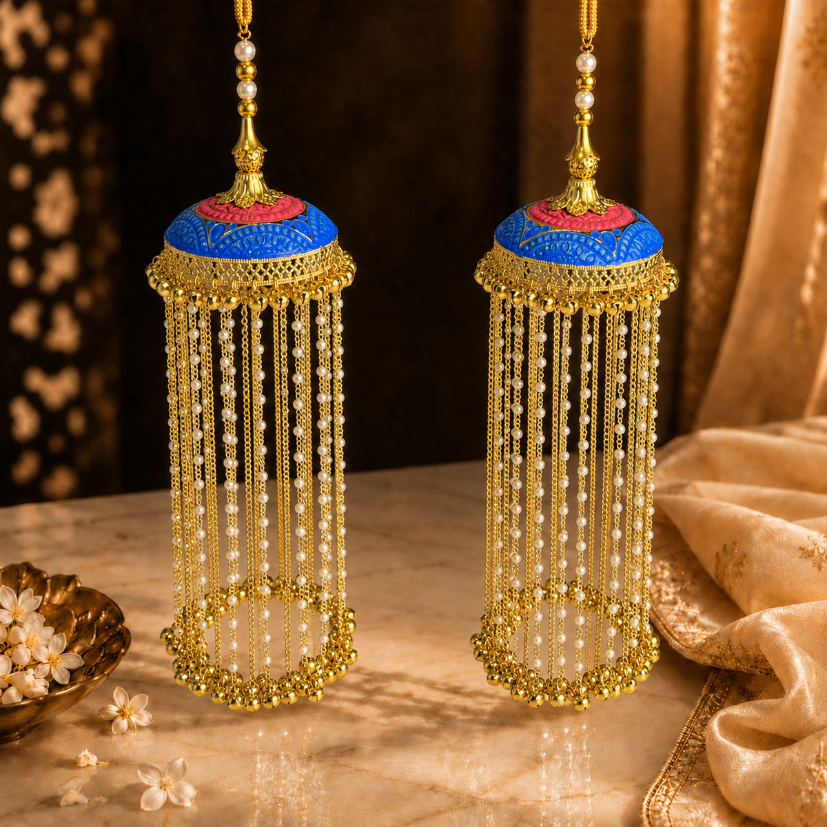 MeenaKari Dome with Long Pearl And Ghungroo Drops