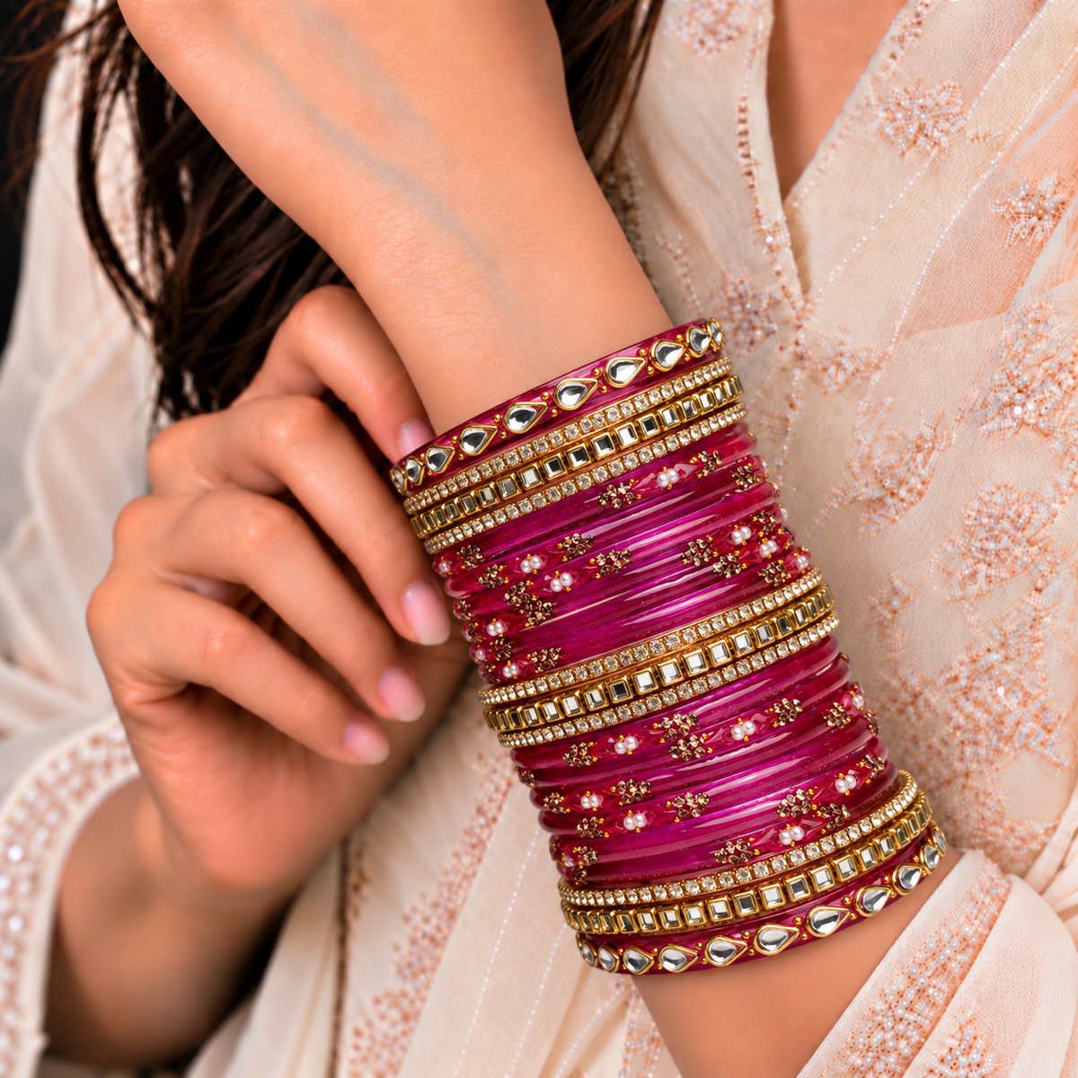 Kundan Square Drop Glass Bangle Set