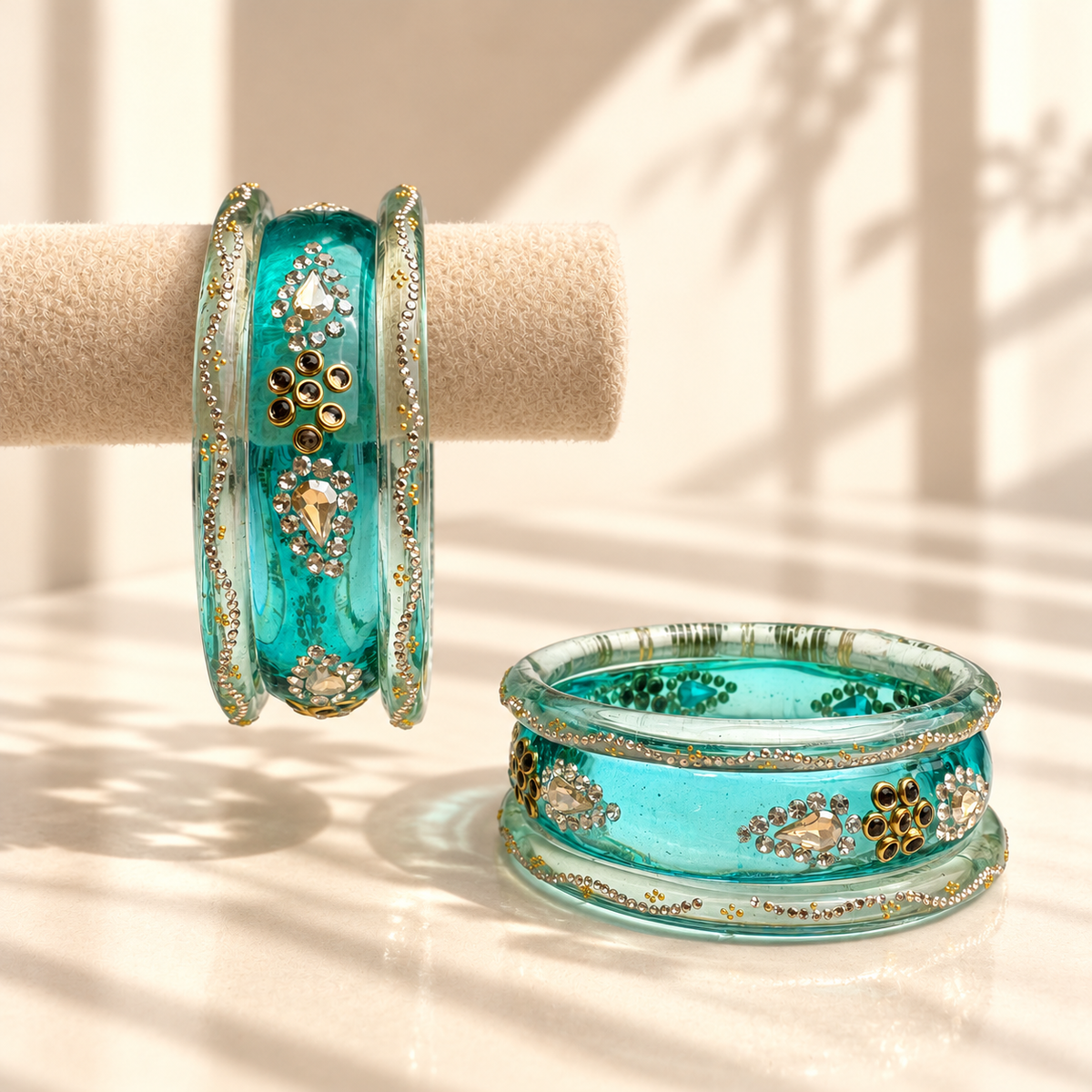 Drop Stone Short Glass Kada Bangle Set