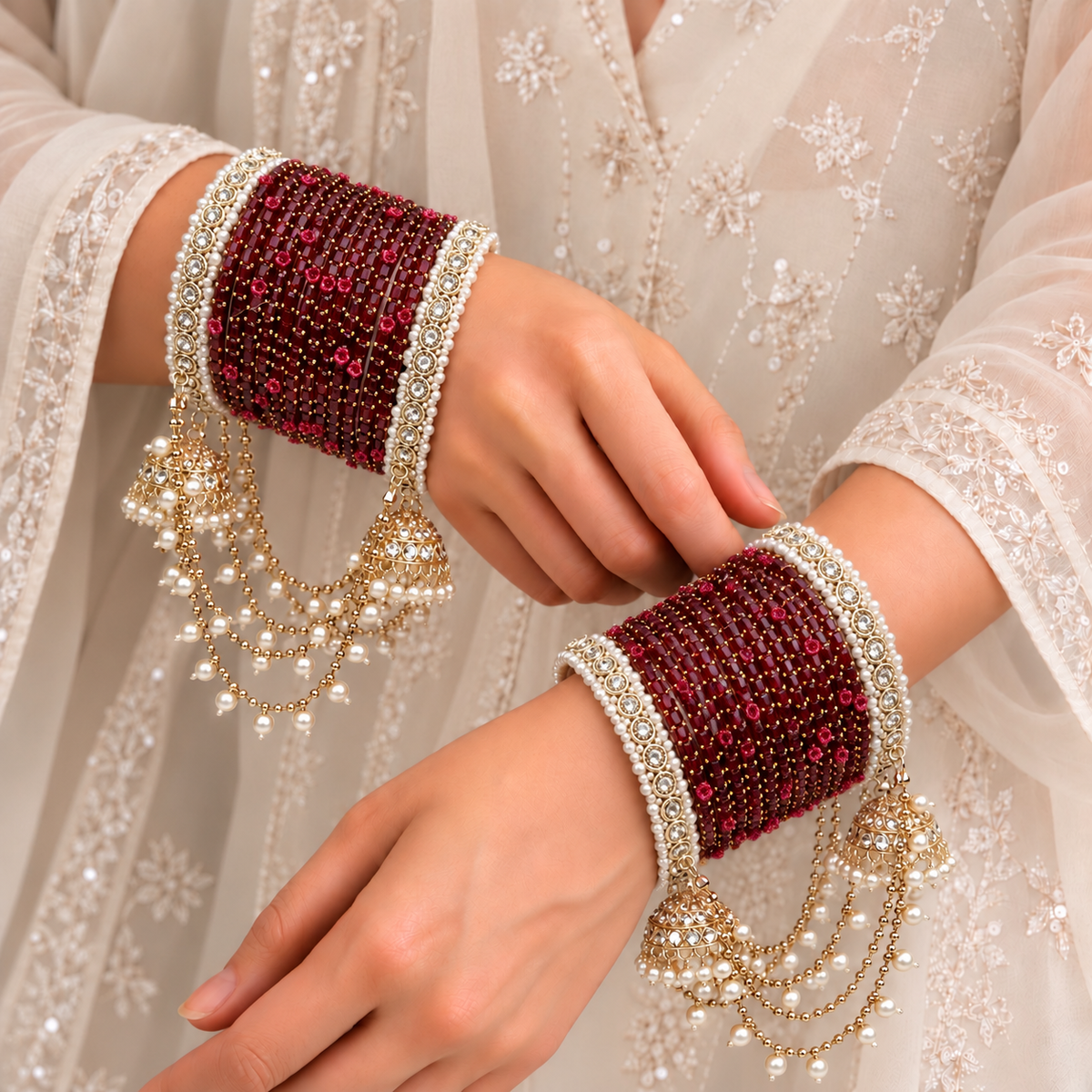 Pearl Jhula Chain Glass Bangle Set