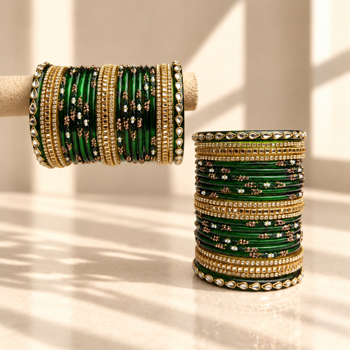 Kundan Square Drop Glass Bangle Set