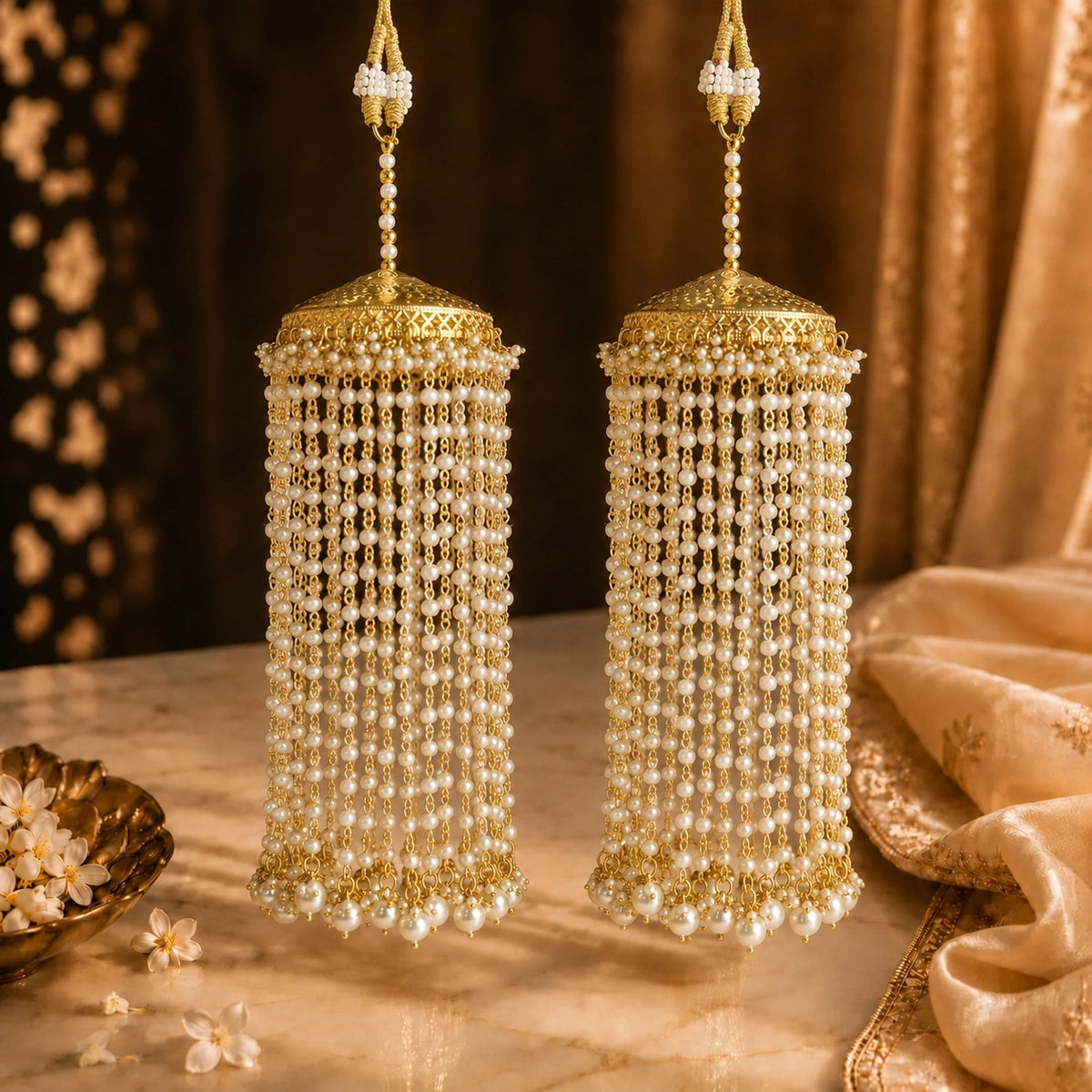 Dome-Shaped Bridal Kalira With Pearl Tassels