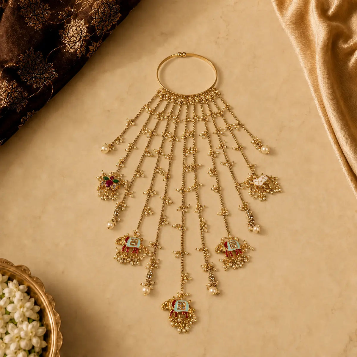 Hoop Style Multi-Layered Long Chain Kalira With Elephant And Horse Charm