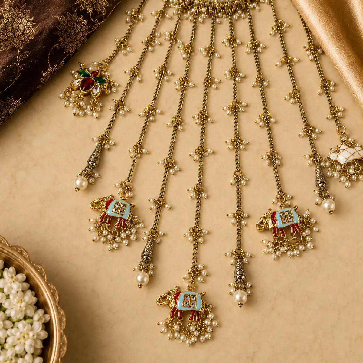 Hoop Style Multi-Layered Long Chain Kalira With Elephant And Horse Charm