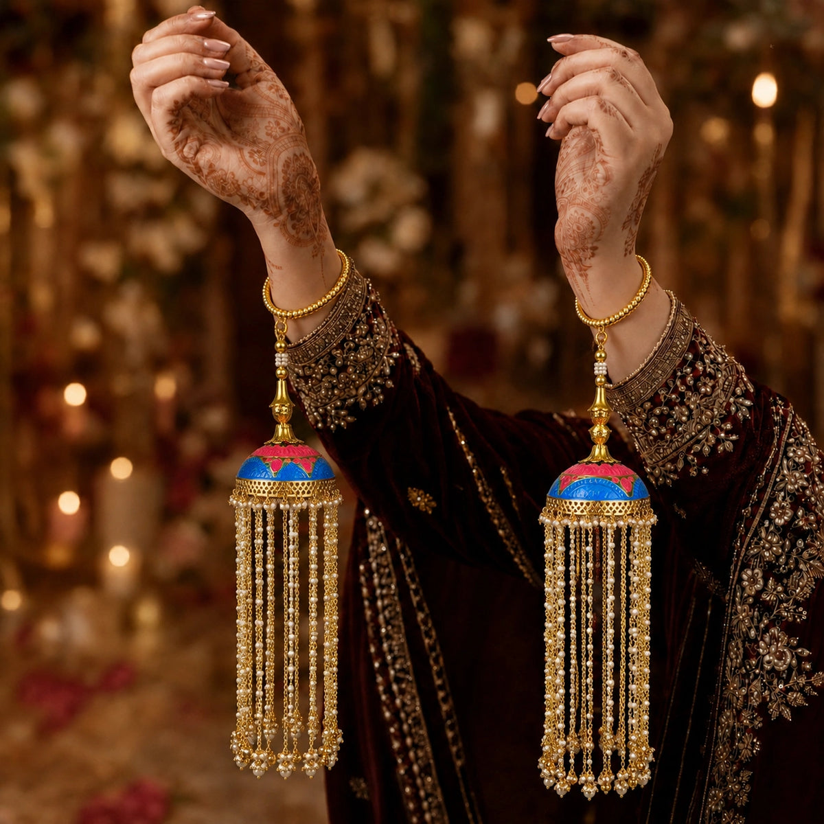 Meenakari Dome Bridal Kalira With Long Pearl Drops