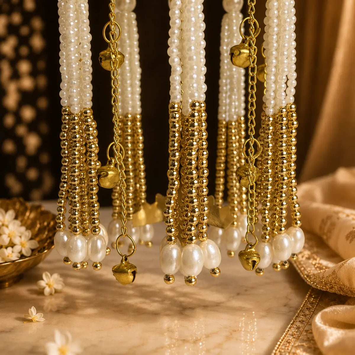 Dome Jhumki Pearl And Golden Pearl Tassel Kalira