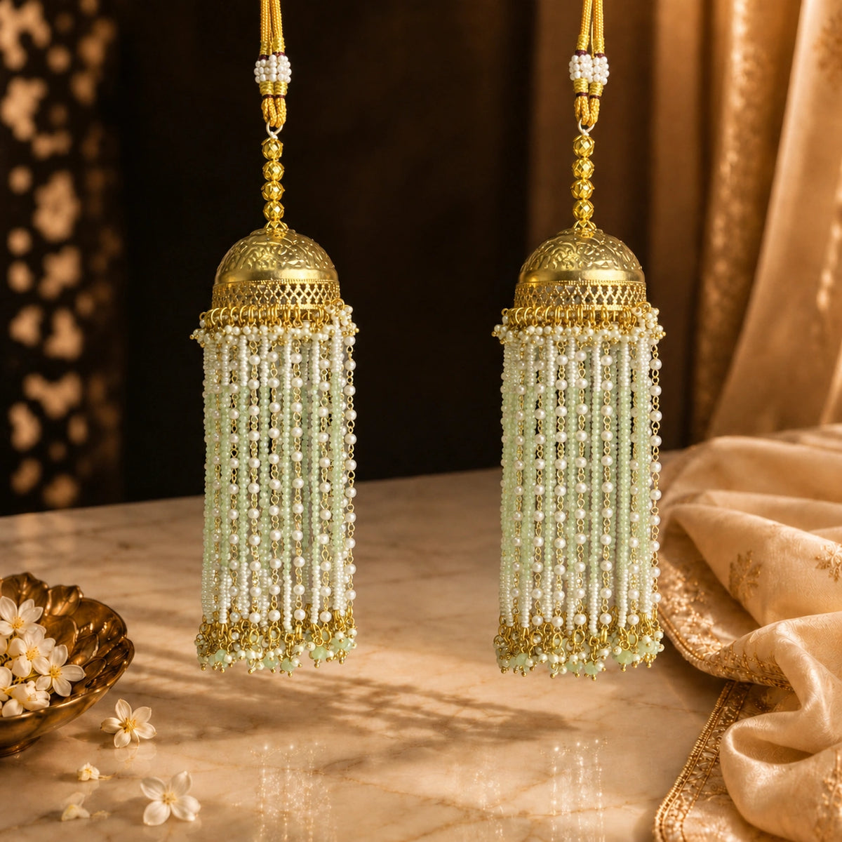 Traditional Jhumar-Style Bridal Kalira Pastel Mint Bead Strands
