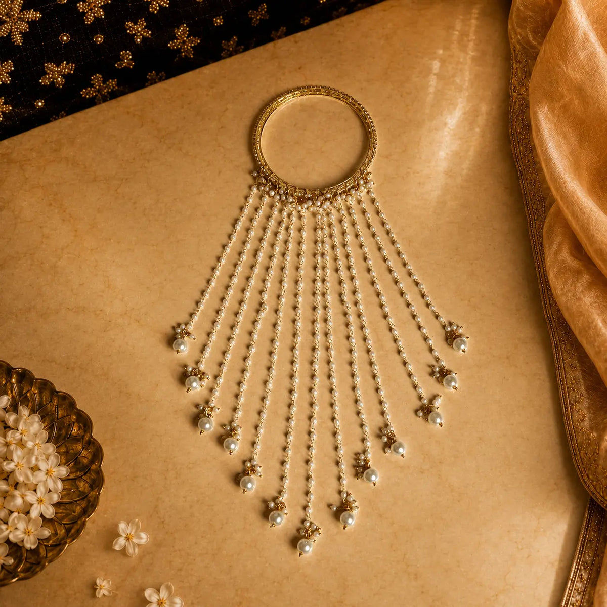 Moti/Pearl Waterfall Kalira with Pearl Bangle