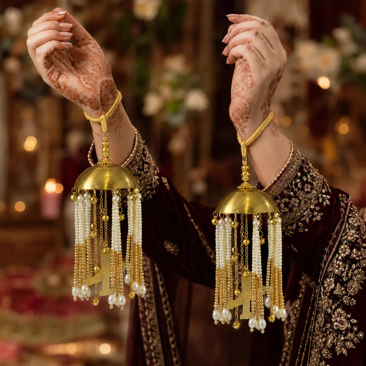 Dome Jhumki Pearl And Golden Pearl Tassel Kalira