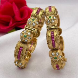 Antique Carved Kada Bangles with Ruby & Kundan Detailing