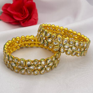 Floral Kundan Bangles with Green Enamel Accent