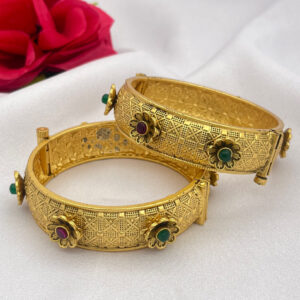 Antique Floral Gold Bangles with Ruby and Green Stones