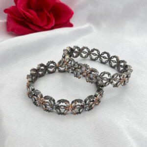Rose Gold and Oxidised Floral AD Bangles