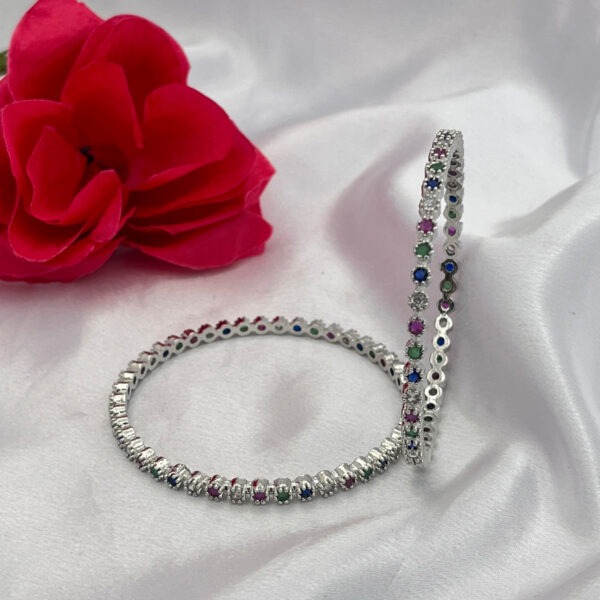 Sleek Silver Bangles with AD Stones Floral Design