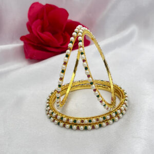 Royal Pearl Bangles with Ruby & Emerald Accents - Set of 4
