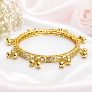 Drop Shape Stone Kada with Ghungroo (Gold Plated- White Stone) (2)